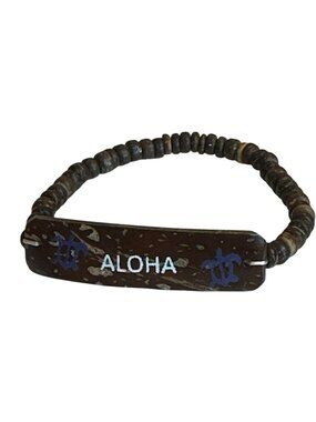 Hawaiian Aloha Bracelet Coconut Shell Plaque & Beaded Elastic Band Turtles Beach